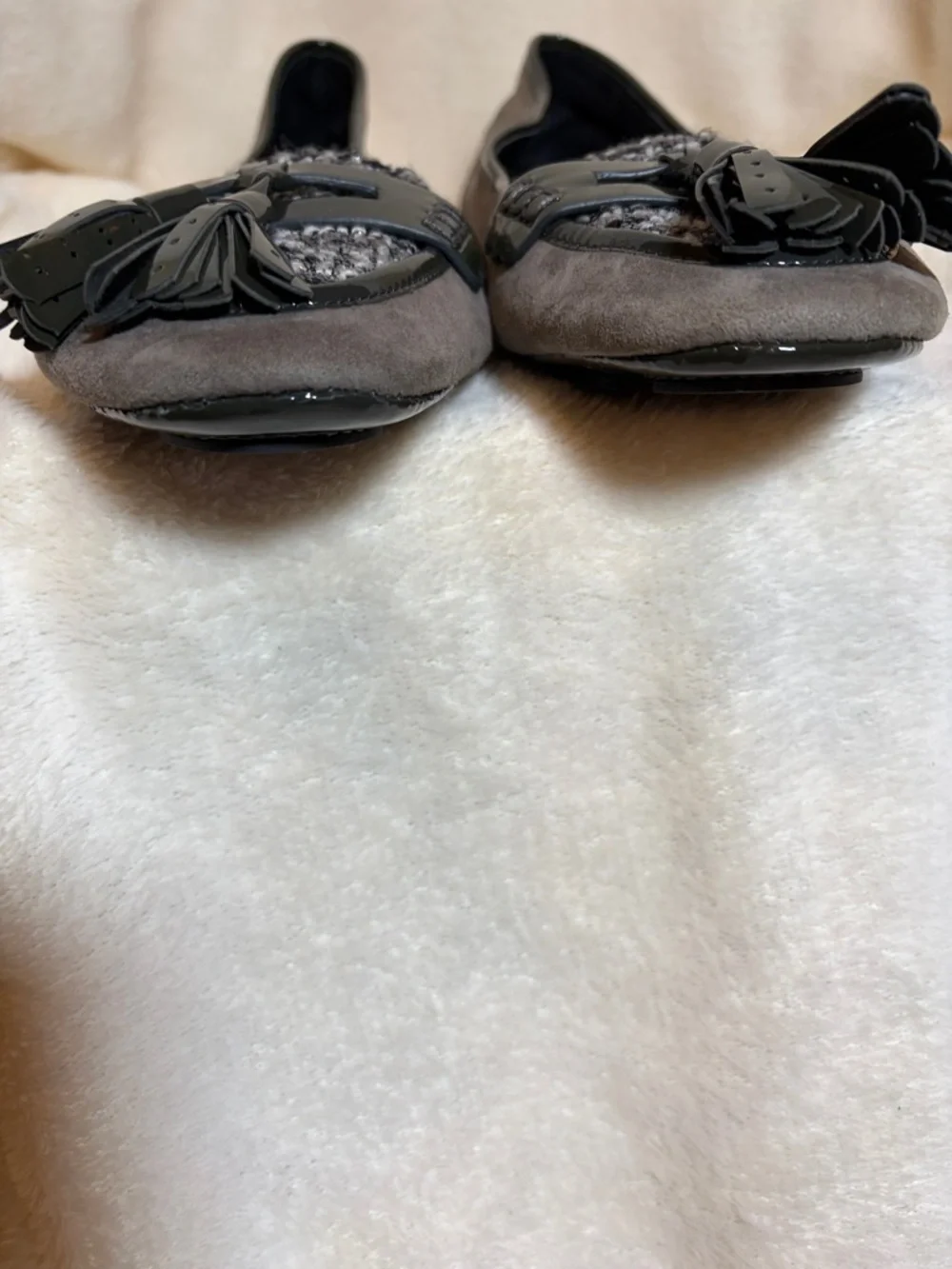 Elie Tahari Gray Suede Loafers with Tweed and Patent‎ Tassels